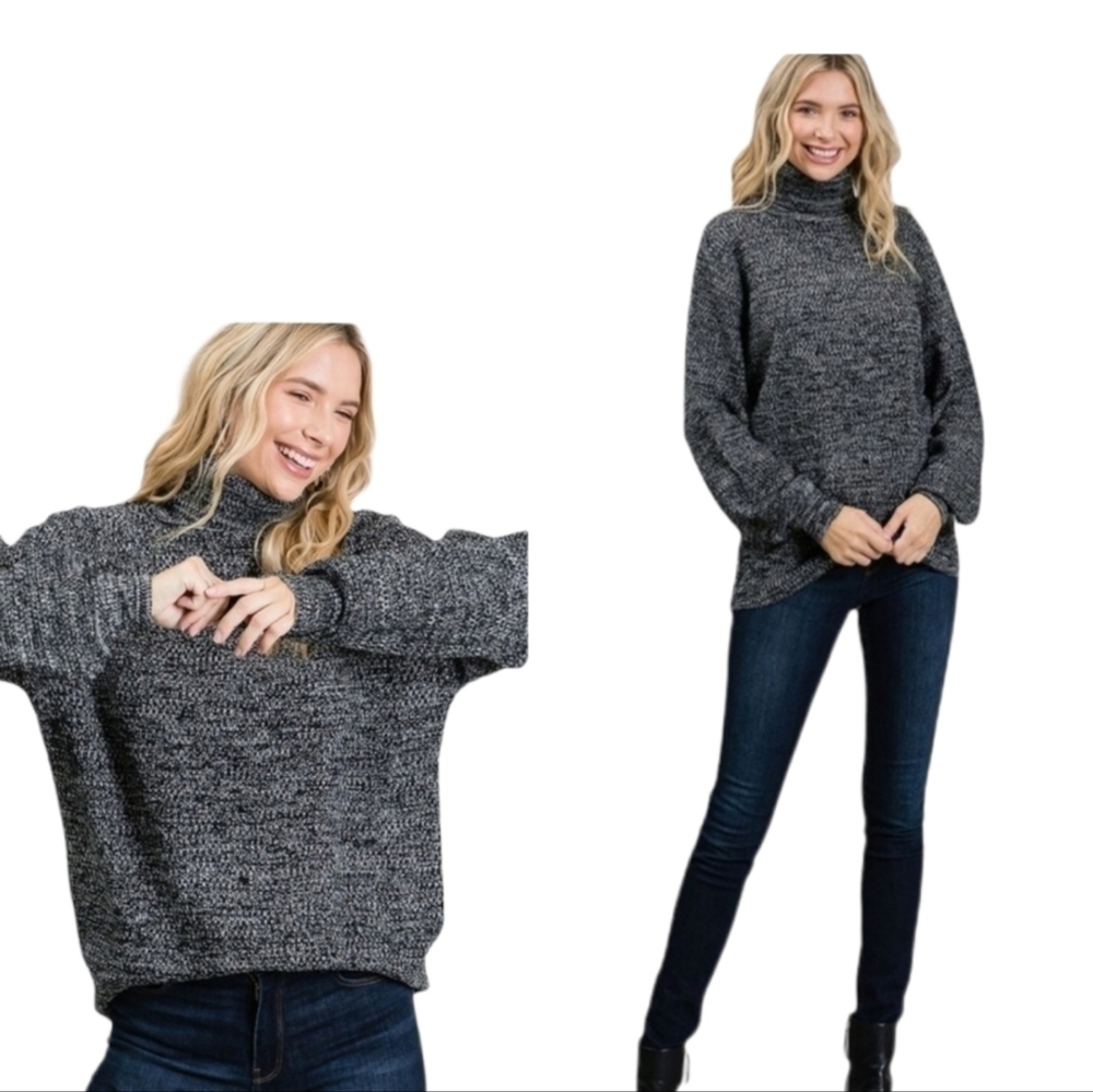 new Color Alien Gray Turtleneck Bishop Sleeve Sweater